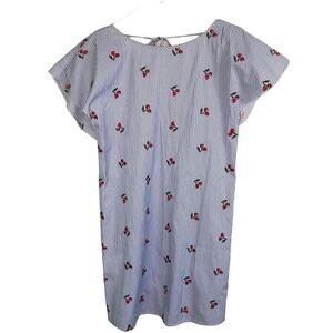 Buffalo David Bitton Size XS Blue & White Striped Cherries Dress Tie Back Ruffle